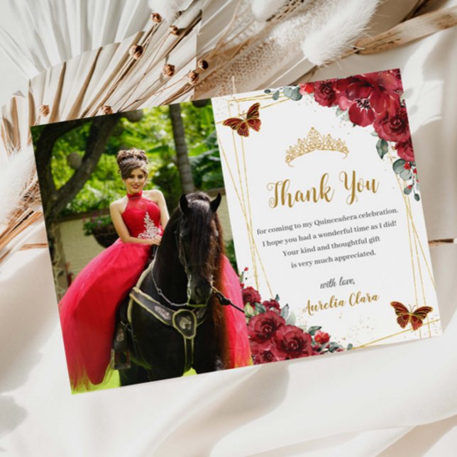 Quinceañera Birthday Red Floral Butterflies Photo Thank You Card (red-flowers-floral-butterflies-gold-quinceanera-15-sweet-16th-birthday-photograph-picture-thank-you)