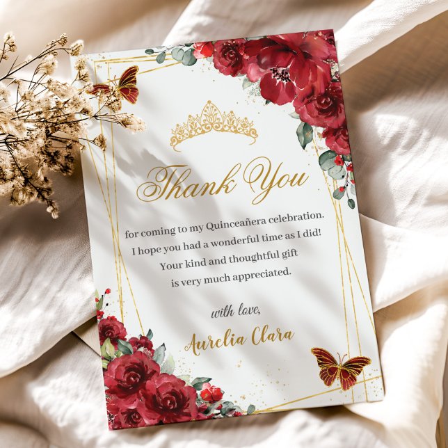 Quinceañera Birthday Red Floral Gold Butterflies Thank You Card (Creator Uploaded)