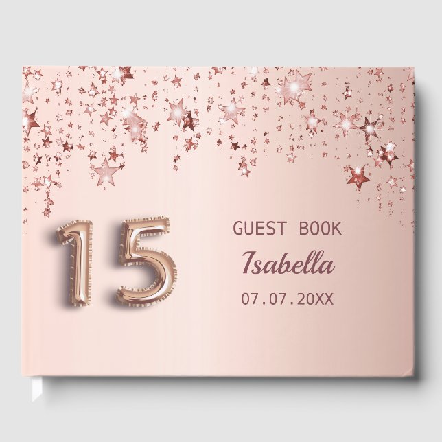 Quinceanera birthday rose gold blush stars guest book (Front)