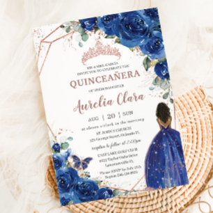 Quinceañera Birthday Royal Blue Floral Brown Girl Invitation