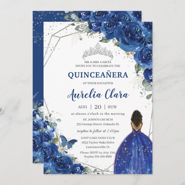 Quinceañera Birthday Royal Blue Floral Princess Invitation (Front/Back)