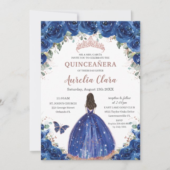 Quinceañera Birthday Royal Blue Floral Princess XV Invitation (Front)
