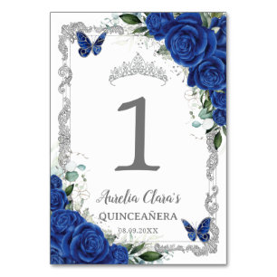Quinceañera Birthday Royal Blue Floral Silver Table Number