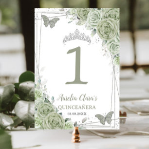 Quinceañera Birthday Sage Green Floral Butterflies Table Number
