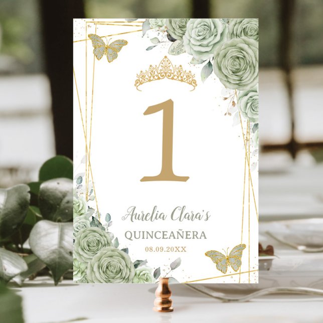 Quinceañera Birthday Sage Green Floral Butterflies Table Number (Creator Uploaded)