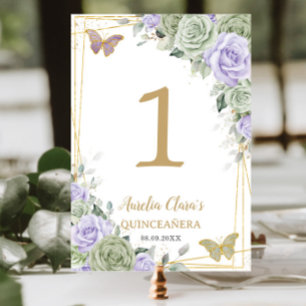 Quinceañera Birthday Sage Green Purple Rose Floral Table Number