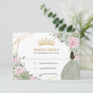 Quinceañera Birthday Sage Green Soft Pink Floral RSVP Card