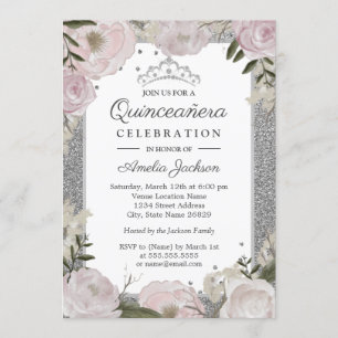 Quinceanera Birthday Sparkle Pink Silver Floral Invitation