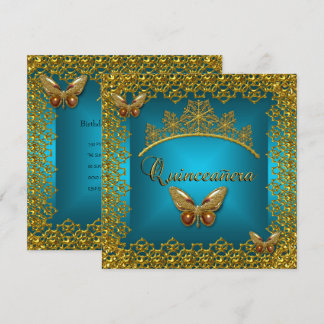 Quinceanera Birthday Teal Gold Tiara Butterfly Invitation