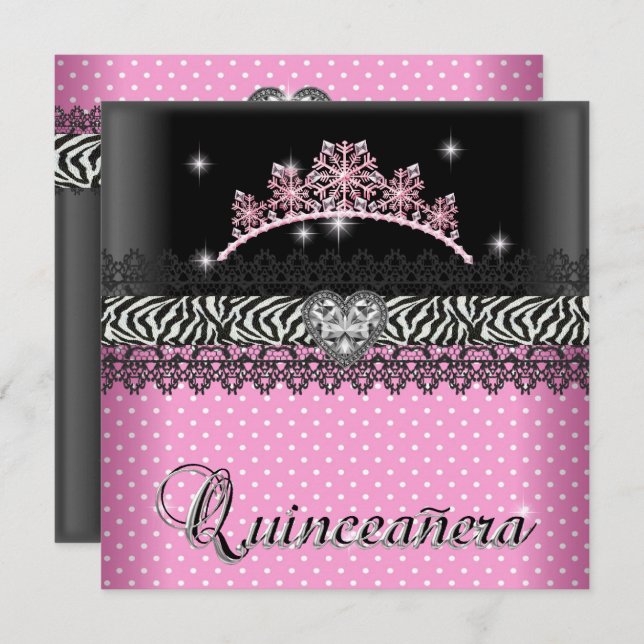 Quinceanera Birthday Zebra  Pink Black White Invitation (Front/Back)