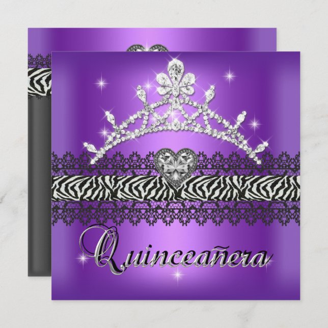 Quinceanera Birthday Zebra Purple Black White Invitation (Front/Back)