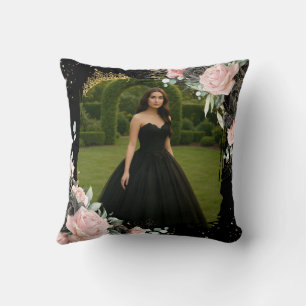 Quinceanera Black and Blush Pink Floral Photo Cushion