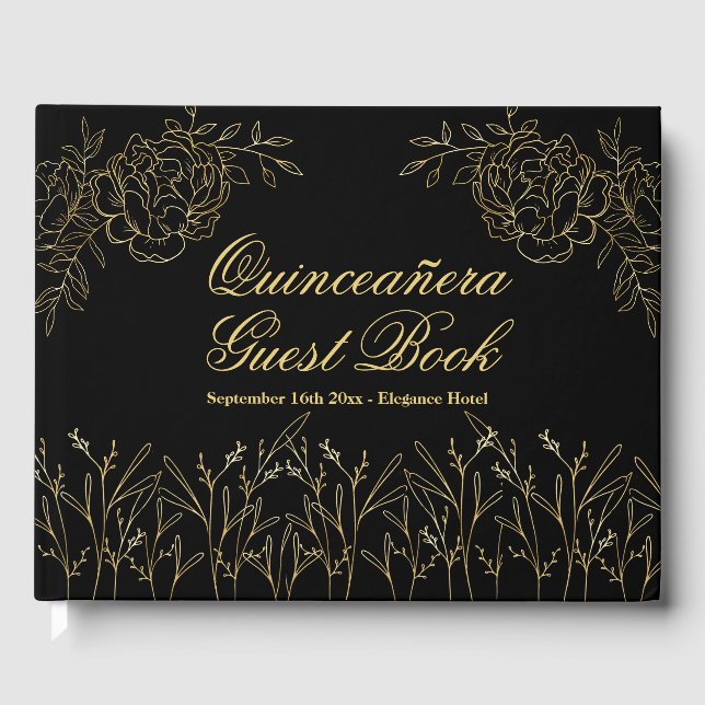Quinceanera Black and Gold Elegant Sketched Floral Guest Book (Front)