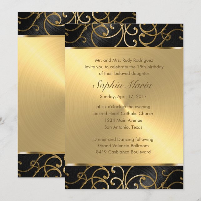 Quinceanera Black and Gold Filigree Swirls Invitation (Front/Back)
