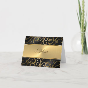 Quinceanera Black and Gold Filigree Swirls Note Card