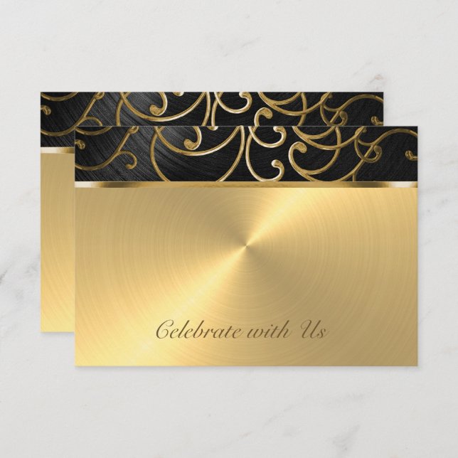 Quinceanera Black and Gold Filigree Swirls RSVP Card (Front/Back)