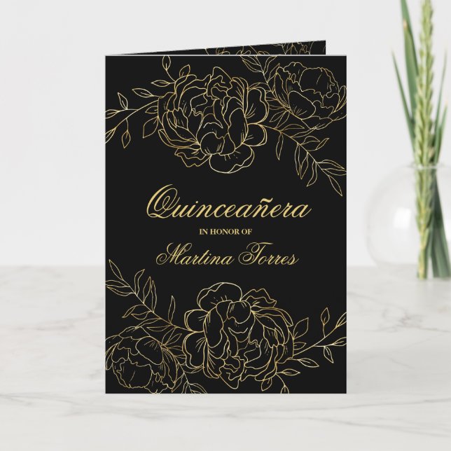 Quinceanera Black and Gold Fine Floral Invitation (Front)