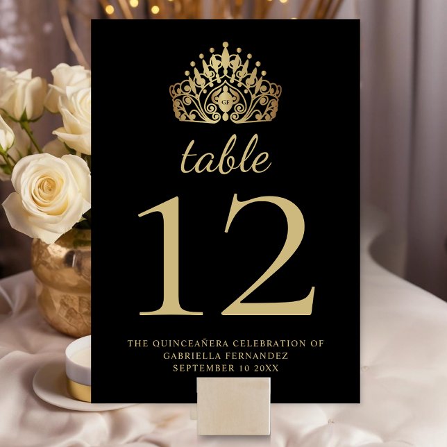 Quinceañera Black and Gold Princess Tiara Crown  Table Number (Creator Uploaded)
