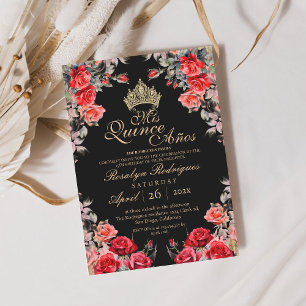 Quinceanera - Black and Red Gold Rose Invitation