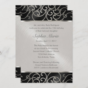 Quinceanera Black and Silver Filigree Swirls Invitation
