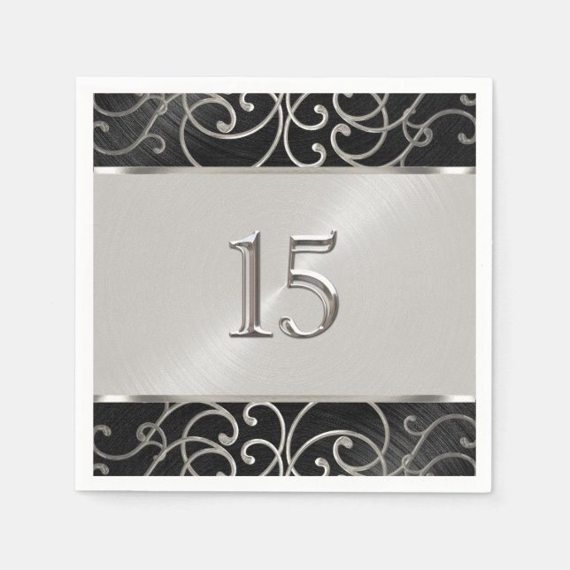 Quinceanera Black and Silver Filigree Swirls Napkin (Front)