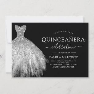 Quinceanera Black and Silver Glitter Sparkle Invitation
