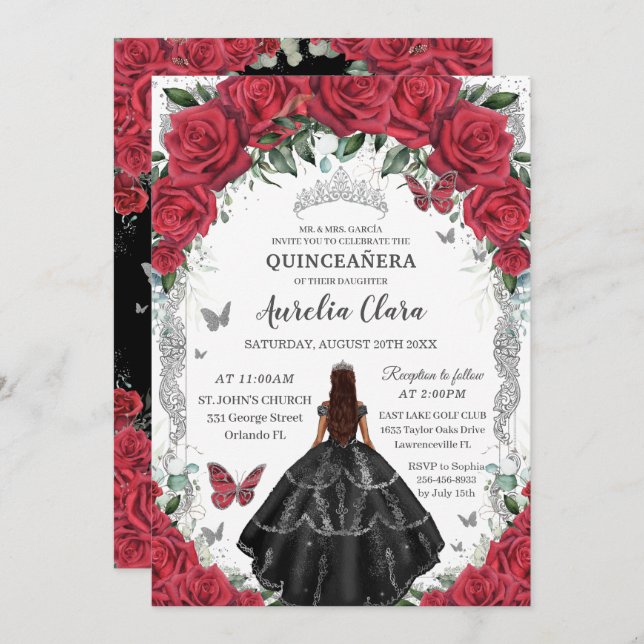 Quinceañera Black Dress Red Roses Floral Silver Invitation (Front/Back)