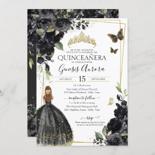 Quinceañera Black Floral Butterfly, Girl in Dress Invitation