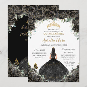 Quinceañera Black Floral Flowers Girl Dress Gold Invitation