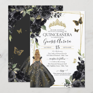 Quinceañera Black Floral Gold Butterfly Dress Invi Invitation