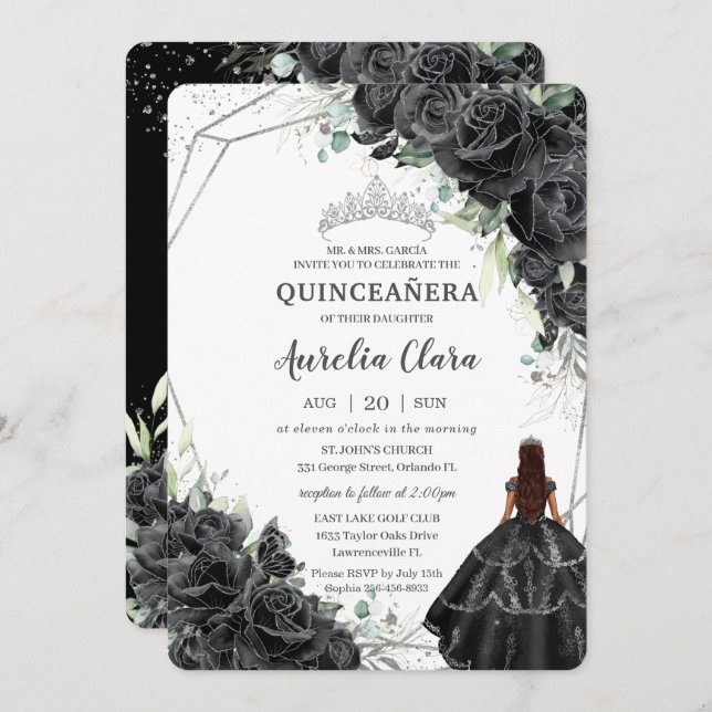 Quinceañera Black Floral Roses Brown Tan Princess  Invitation (Front/Back)