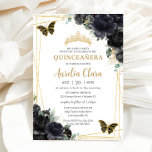 Quinceañera Black Floral Roses Butterflies Gold Invitation<br><div class="desc">Personalise this lovely quinceañera invitation with own wording easily and quickly,  simply press the customise it button to further re-arrange and format the style and placement of the text.  Matching items available in store!  (c) The Happy Cat Studio</div>