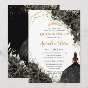 Quinceañera Black Floral Roses Dress Gold Crown  Invitation