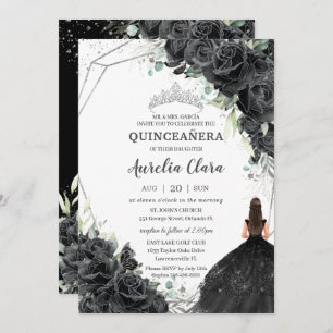 Quinceañera Black Floral Roses Dress Silver Crown Invitation
