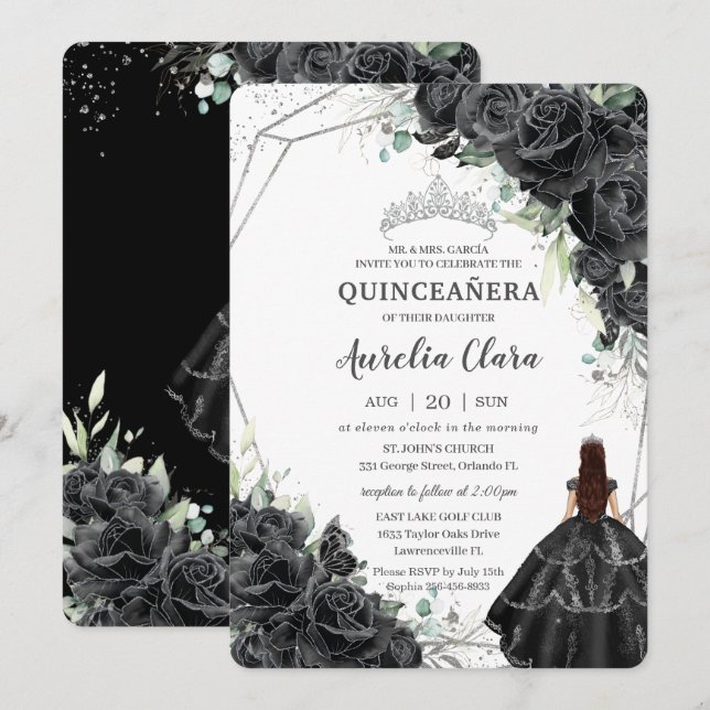 Quinceañera Black Floral Roses Gown Silver Crown Invitation (Front/Back)