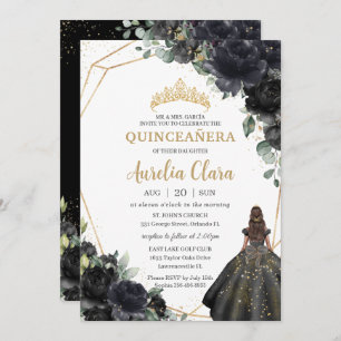 Quinceañera Black Floral Roses Princess Gold Crown Invitation
