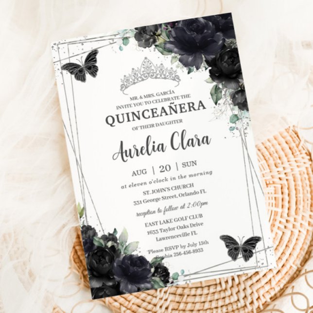 Quinceañera Black Floral Roses Princess Silver Invitation (Creator Uploaded)