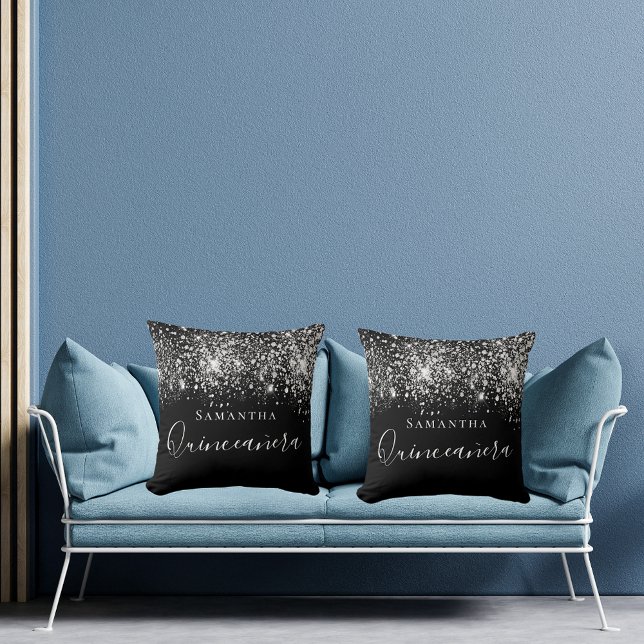 Quinceanera black glitter drops silver monogram cushion (Creator Uploaded)