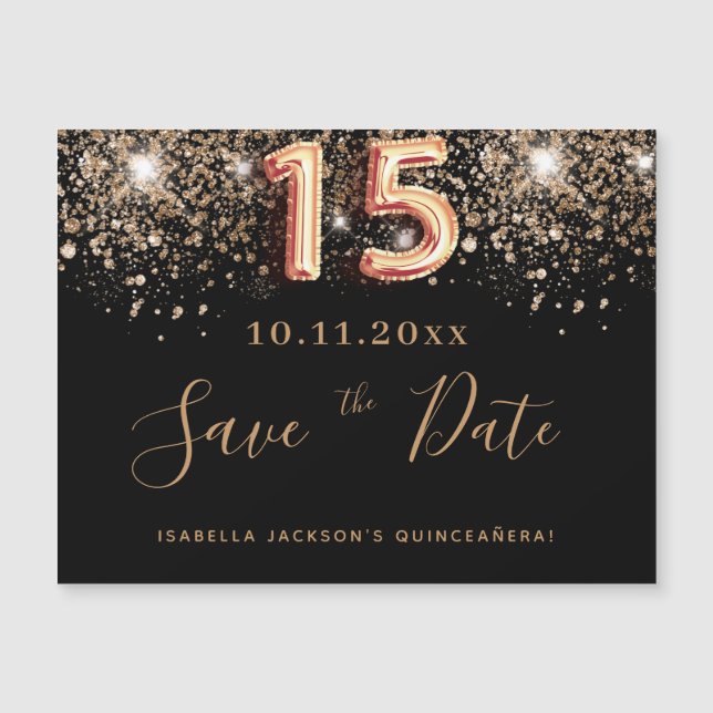 Quinceanera black glitter save the date magnet (Front)