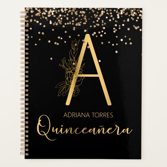 Quinceanera Black Gold A Monogram Notebook Planner (Front)