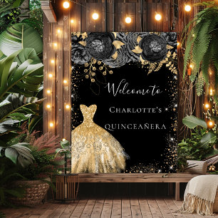 Quinceanera black gold dress floral welcome poster