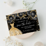 Quinceanera black gold dress florals save the date announcement postcard<br><div class="desc">A girly and trendy Save the Date card for a Quinceañera,  15th birthday party. A black background decorated black roses,  faux gold glitter sparkles and a golden dress. Personalise and add a date and name/age. The text: Save the Date is written with a large trendy hand lettered style script.</div>
