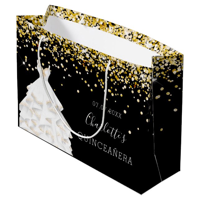 Quinceanera black gold dress name large gift bag (Back Angled)