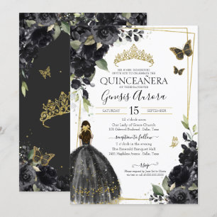 Quinceañera Black Gold Flowers Quince Dress Invitation