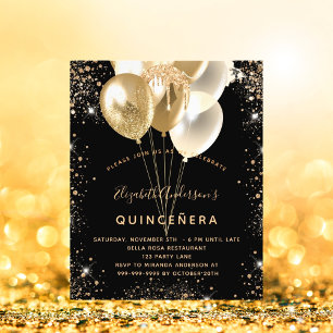 Quinceanera black gold glitter balloons invitation