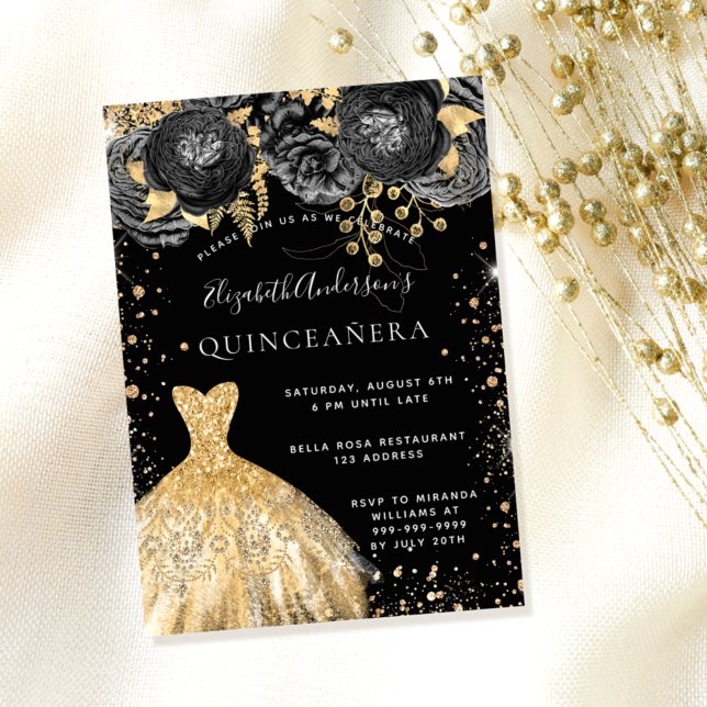 Quinceanera black gold glitter dress florals invitation (Creator Uploaded)