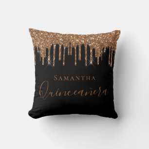 Quinceanera black gold glitter drips monogram name cushion