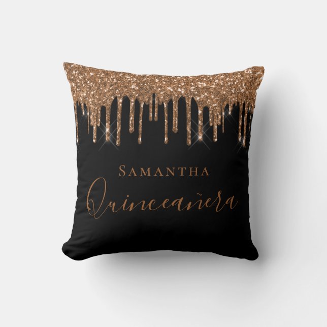Quinceanera black gold glitter drips monogram name cushion (Front)