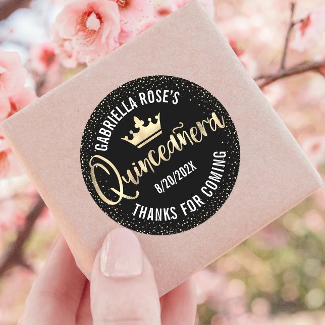 Quinceañera Black Gold Glitter Foil Crown Script Classic Round Sticker (Creator Uploaded)