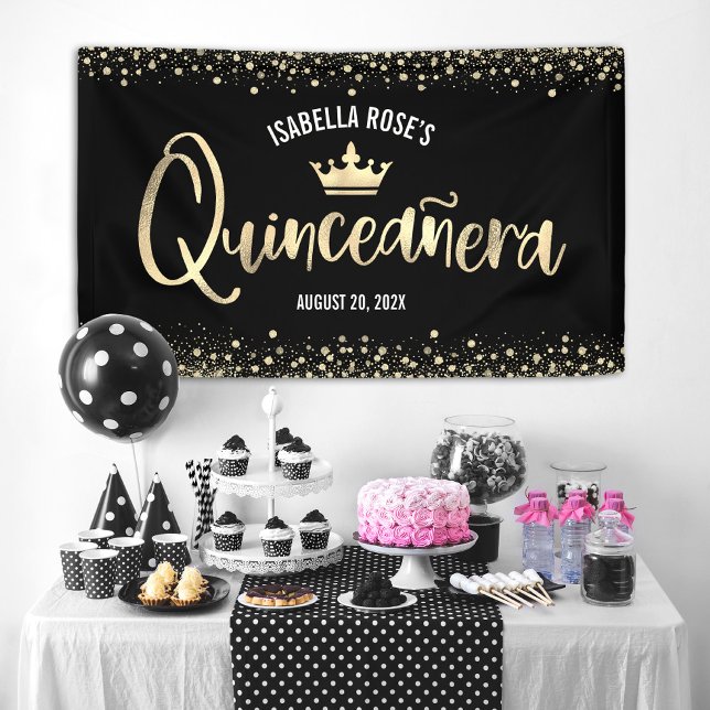 Quinceañera Black Gold Glitter Foil Crown Welcome Banner (Creator Uploaded)